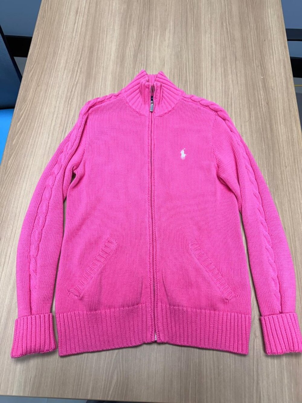 Ralph Lauren Hot Pink Cable Sleeve Zip-Up Sweater